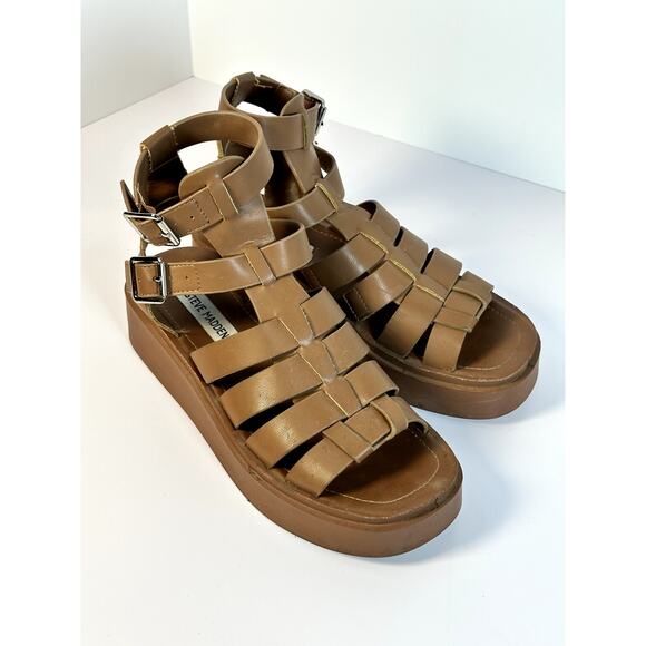 Steve Madden Buzzing Platform Sandals Women’s 7.5 Tan Ankle-Strap Open Toe - Picture 5 of 6